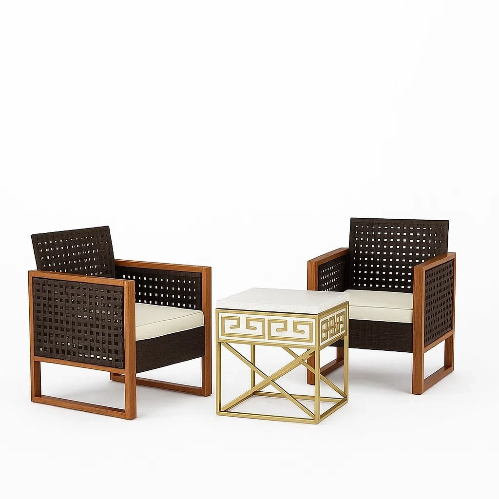 Ensemble fauteuils à accoudoirs en bois et résine avec table en marbre - 2026