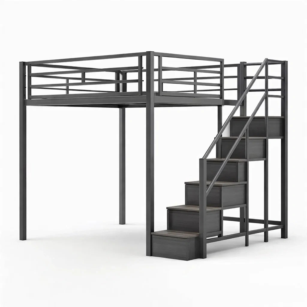 Lit mezzanine en métal Gris foncé avec escalier 200x140x180 cm - 2026