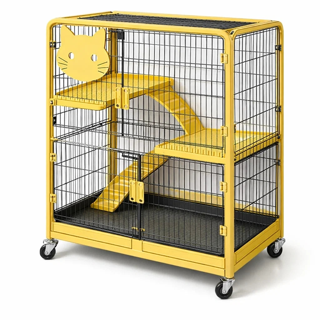 Cage à chat en métal jaune avec plateformes et roulettes - 2026