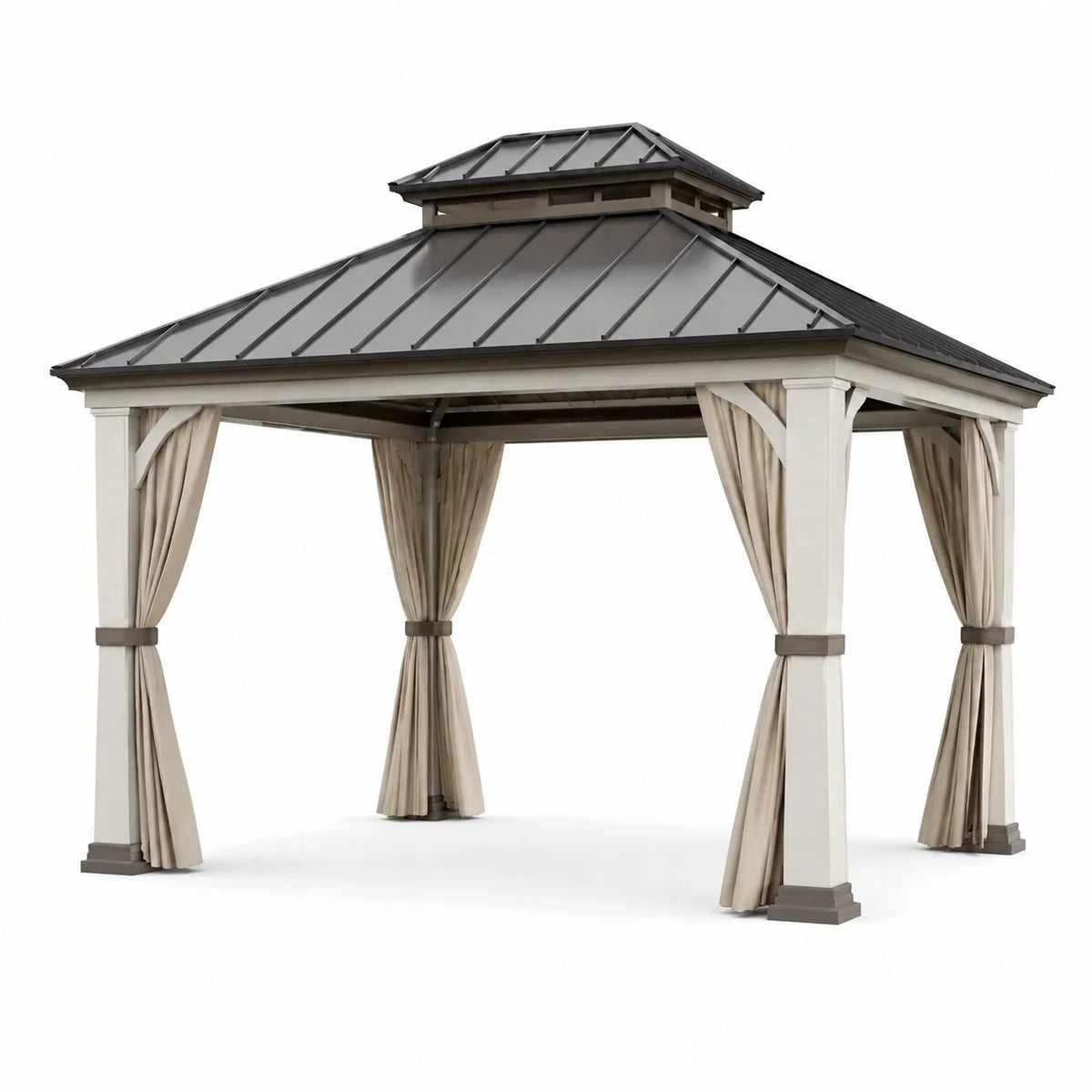 Pavillon en métal avec toit en aluminium et rideaux en polyester beige 400x300 cm - 2026