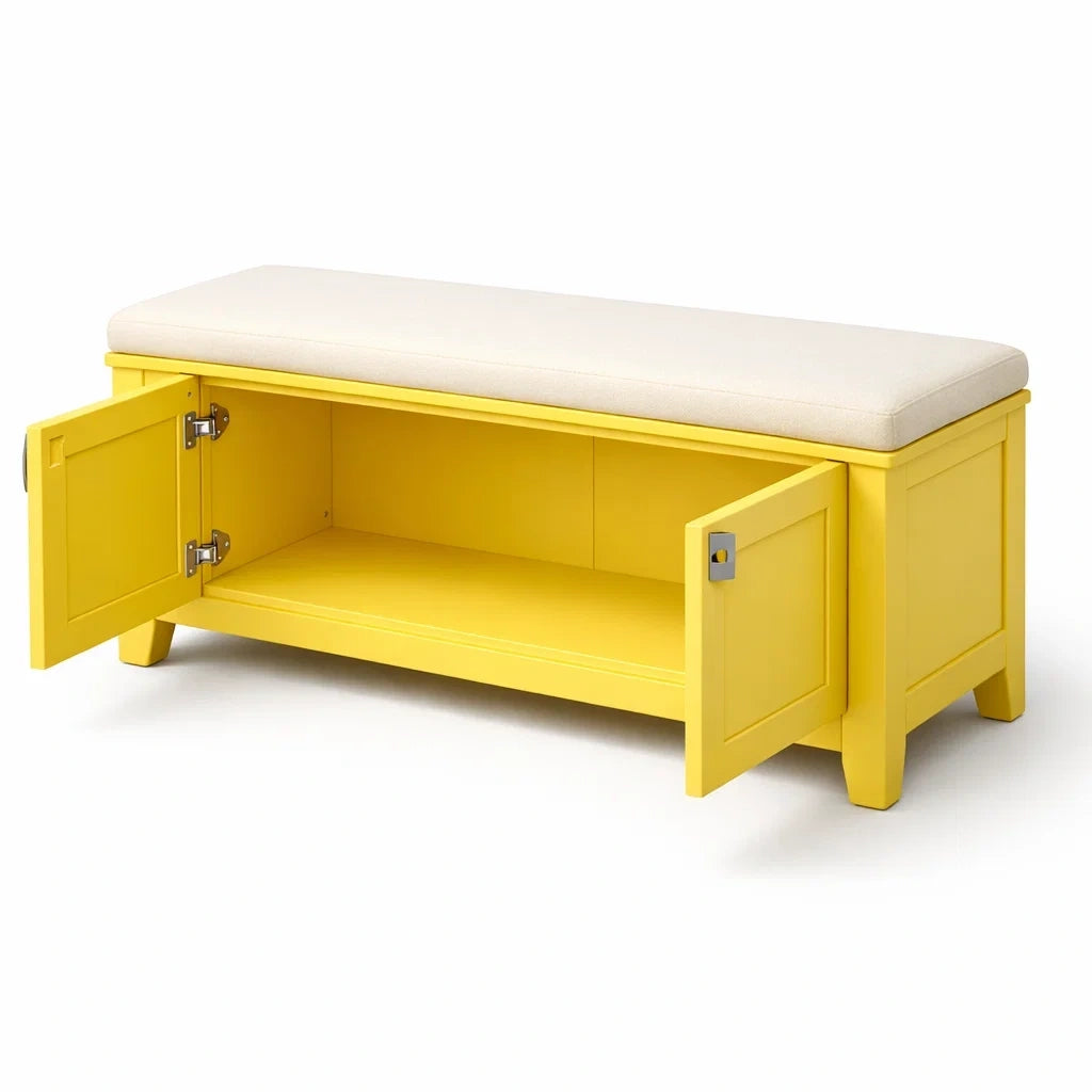 Banc de rangement en bois jaune avec coussin en polyester crème - 2026
