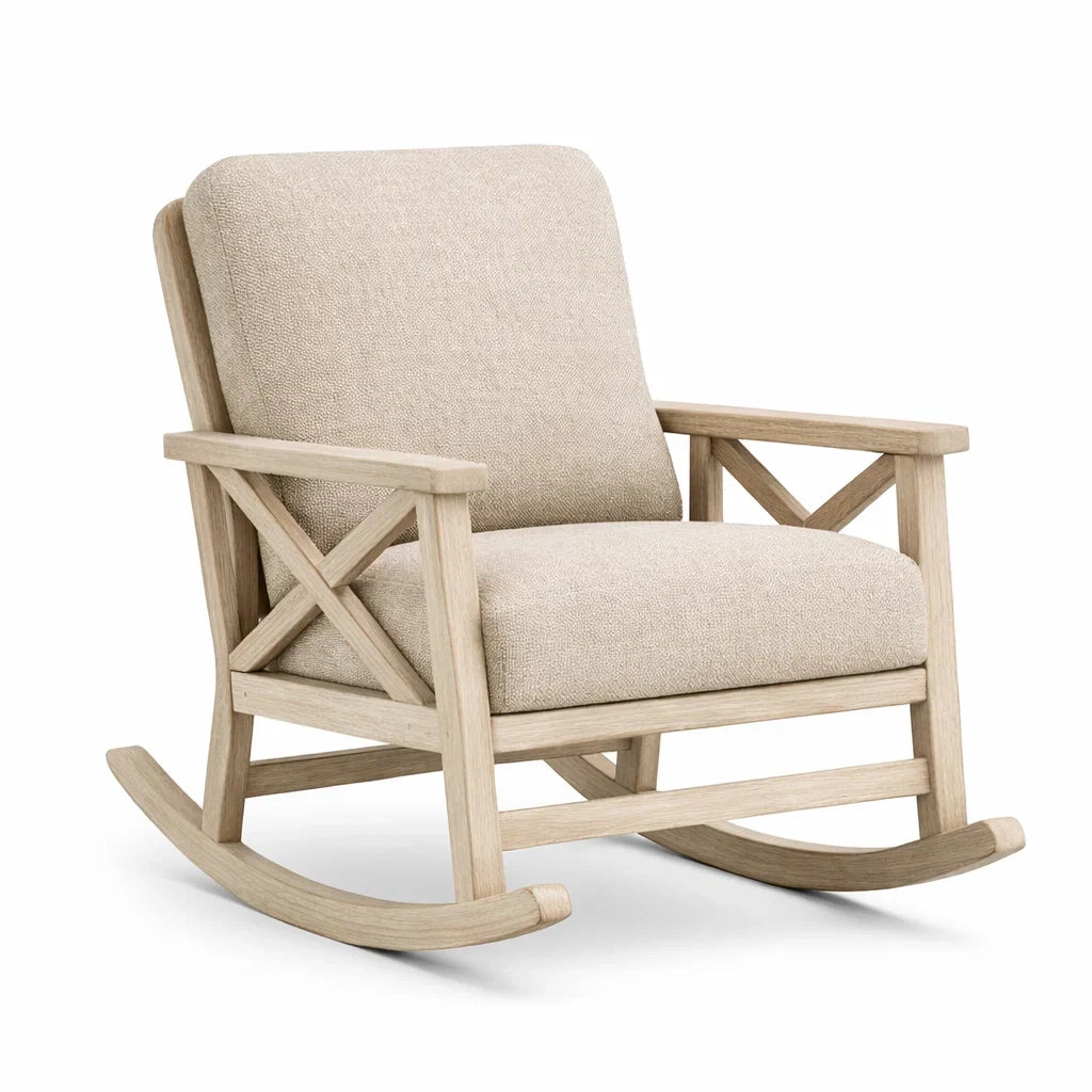 Fauteuil à bascule en bois clair avec tissu polyester beige - 2026