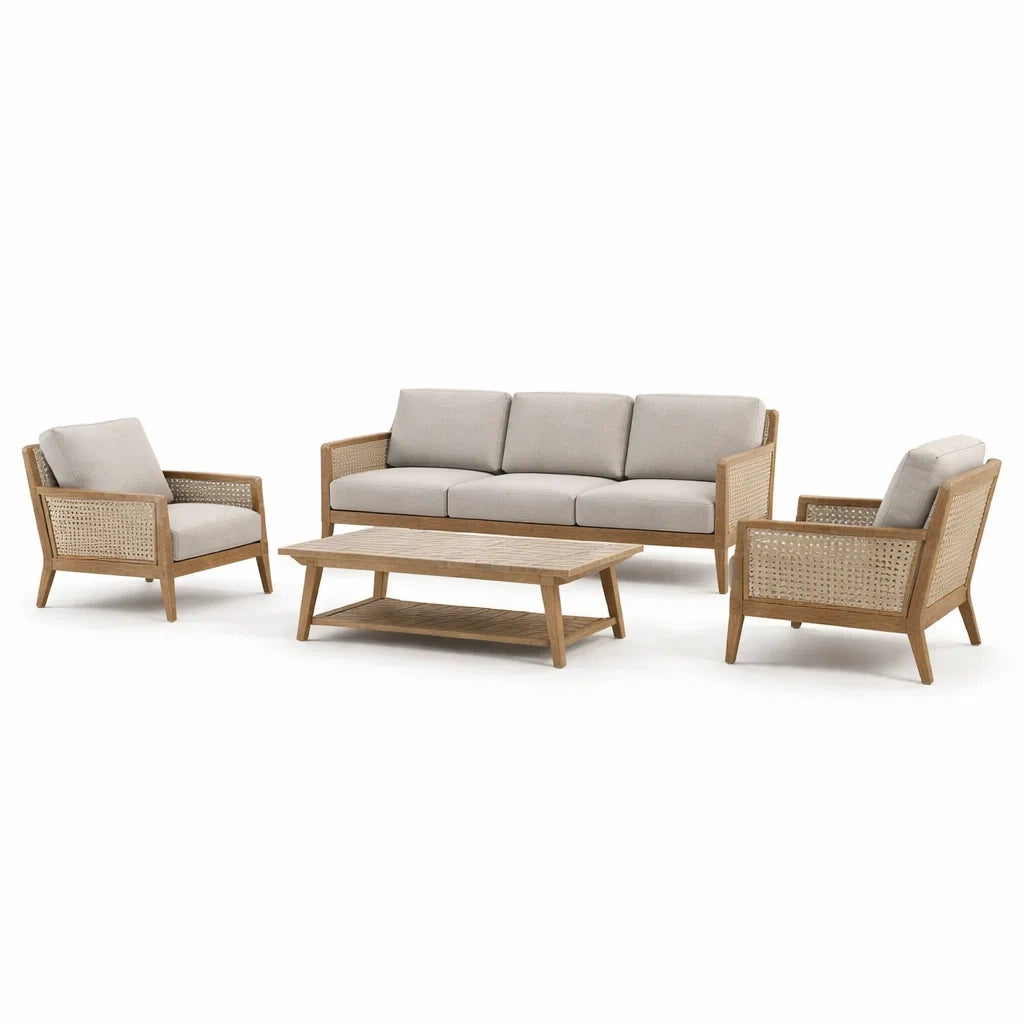 Ensemble de canapés en acacia et rotin avec coussins polyester gris - 2026
