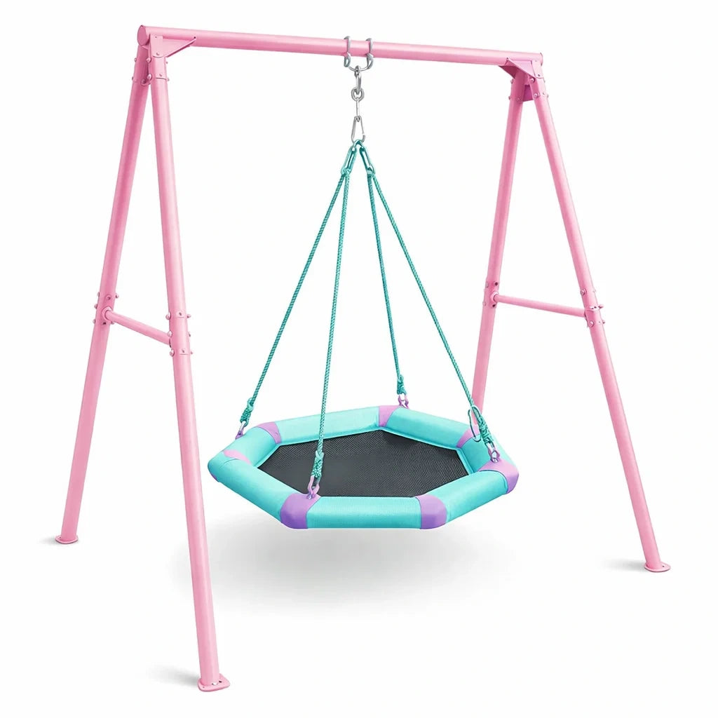 Balançoire pour enfant en métal rose avec siège filet hexagonal bleu - 2026