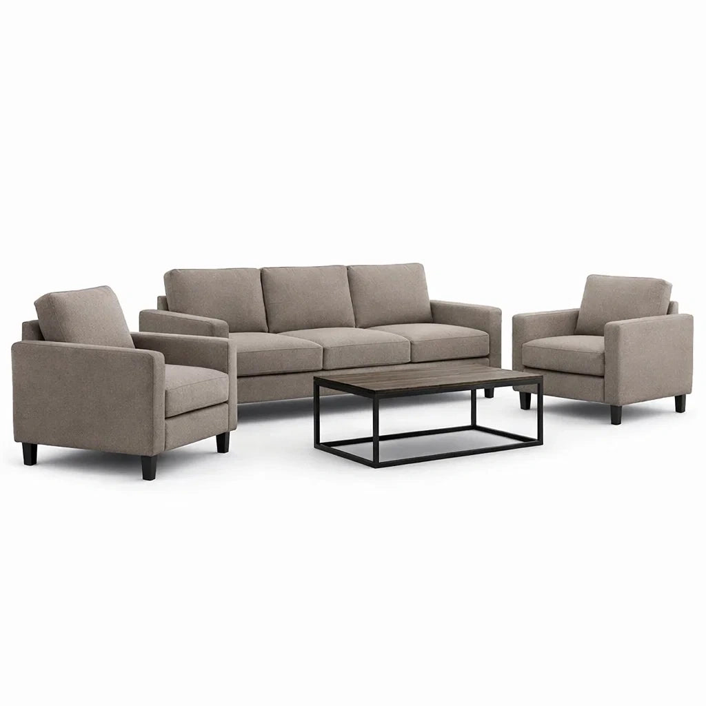 Ensemble de salon en tissu avec canapé 3 places, fauteuils et table basse bois et métal - 2026