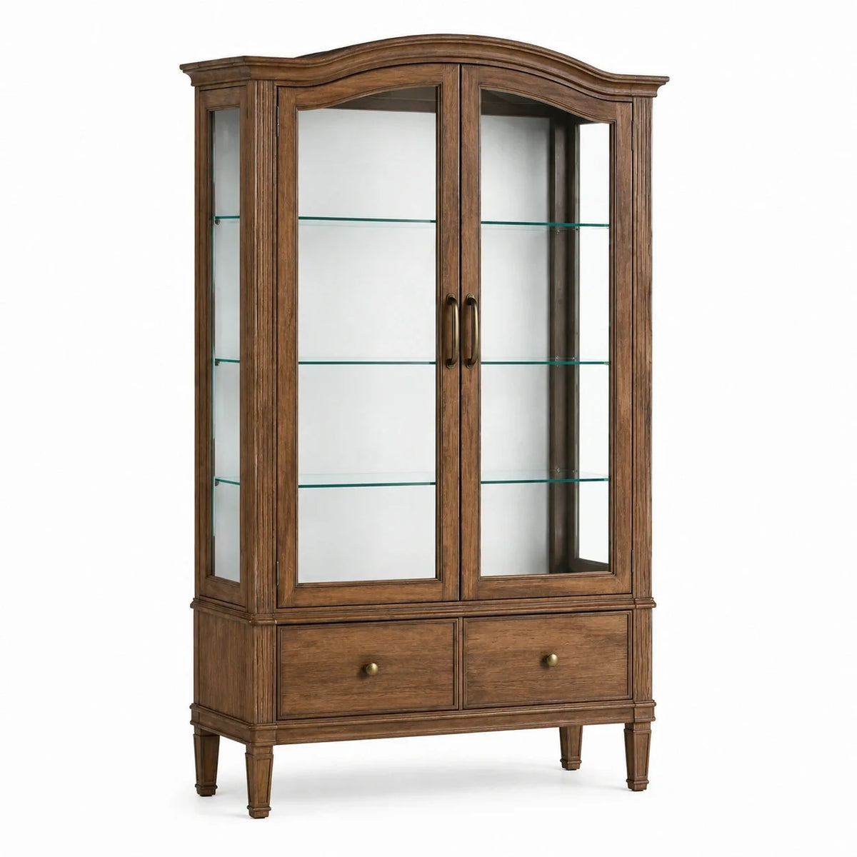 Vitrine en bois brun et verre avec 2 portes, 2 tiroirs et 3 tablettes, 120 × 45 × 200 cm - 2026
