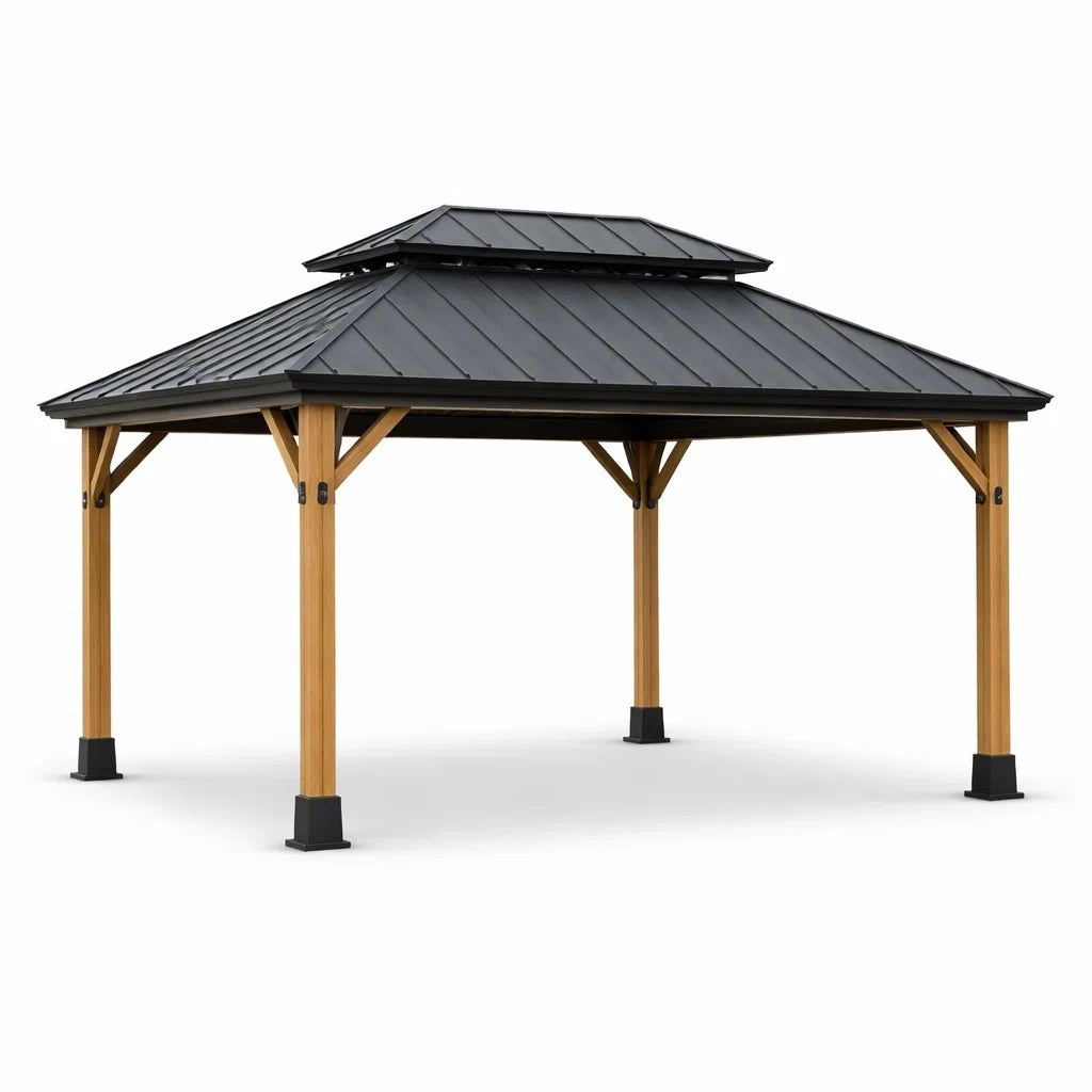 Pavillon en bois et métal avec toit en acier double niveaux 360x300x270 cm - 2026