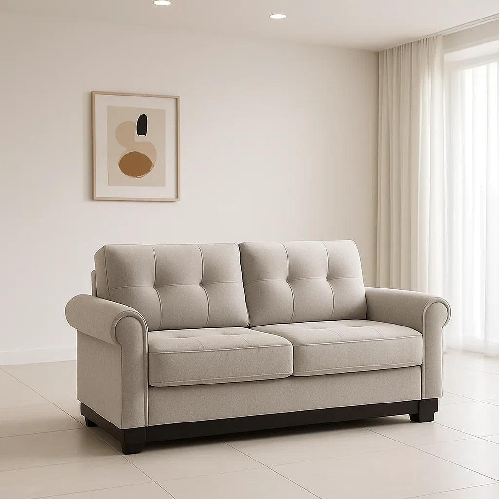 Canapé 2 places en tissu polyester beige avec accoudoirs rembourrés - 2026
