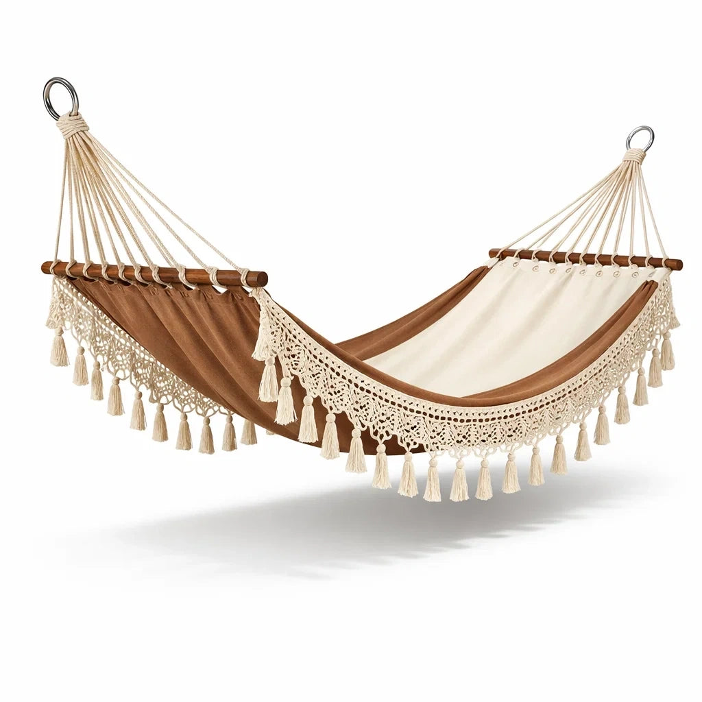 Hamac en coton avec franges marron et crème 300x150 cm - 2026