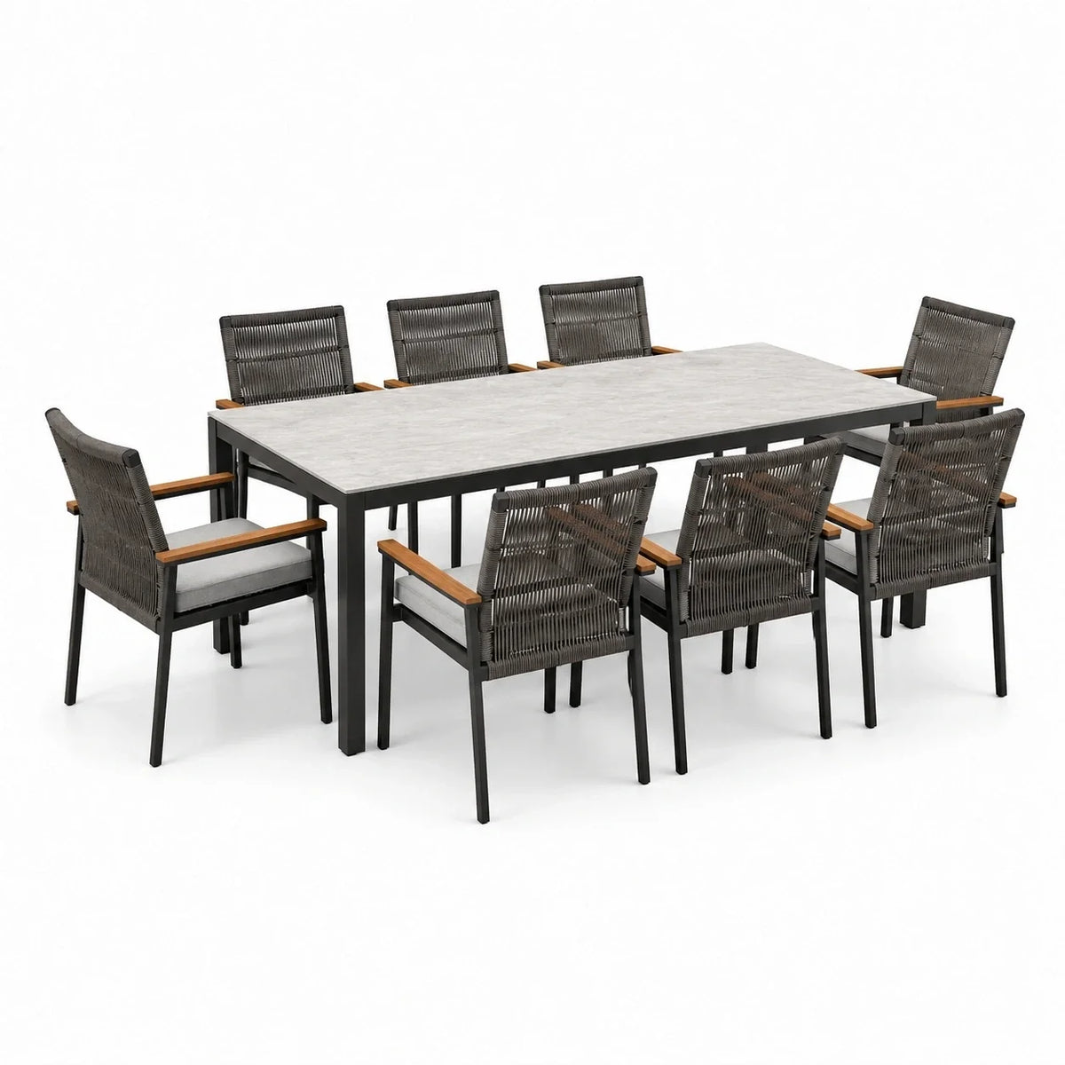 Ensemble repas de jardin 9 pièces, table 200 × 100 × 75 cm et 8 fauteuils 60 × 62 × 90 cm, gris foncé, gris clair et marron - 2026