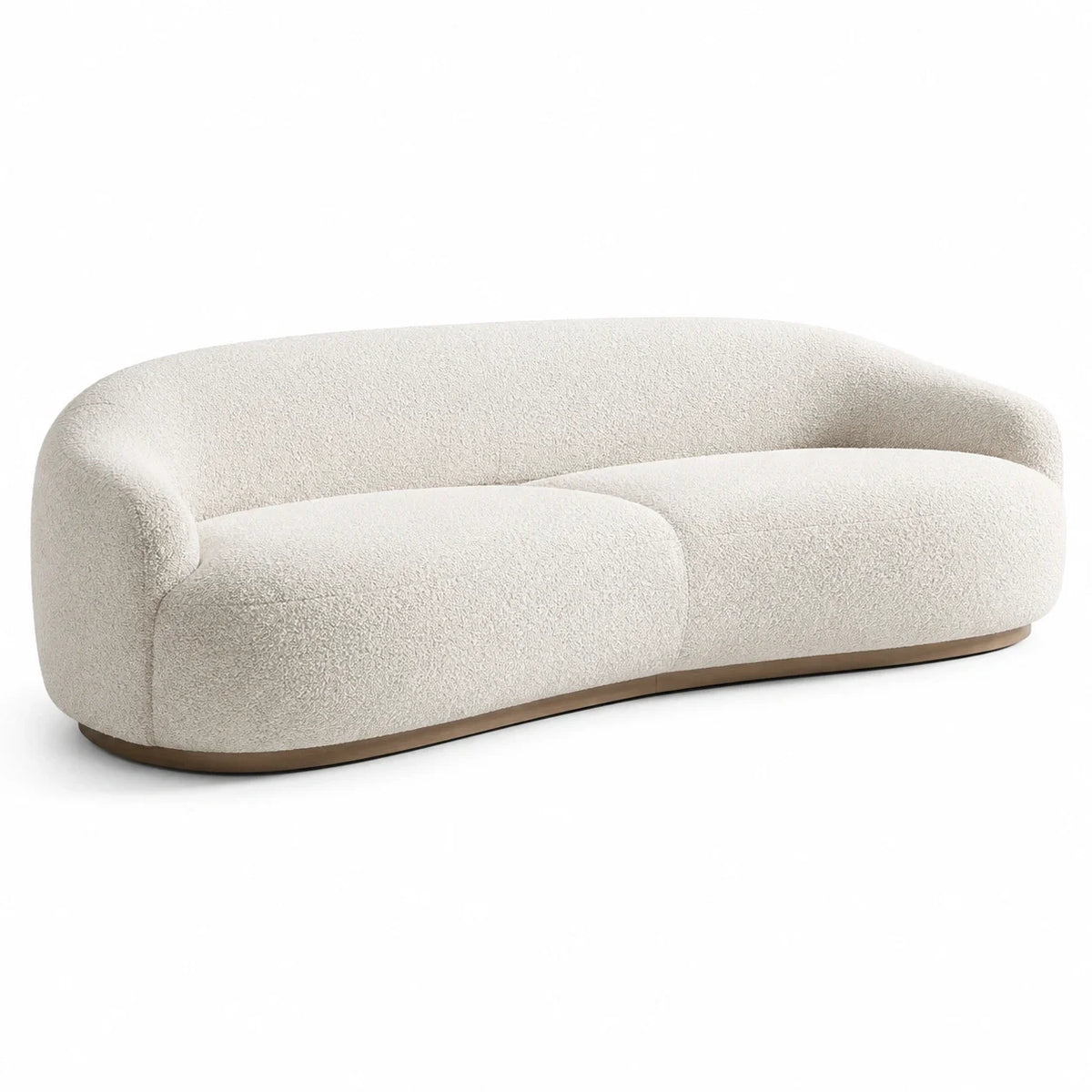 Canapé incurvé 3 places en tissu bouclé écru avec socle en bois naturel, 230 × 100 × 76 cm - 2026