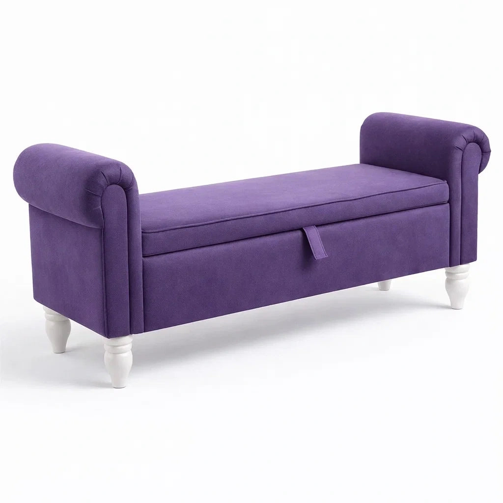 Banc de rangement en tissu violet avec pieds en bois - 2026