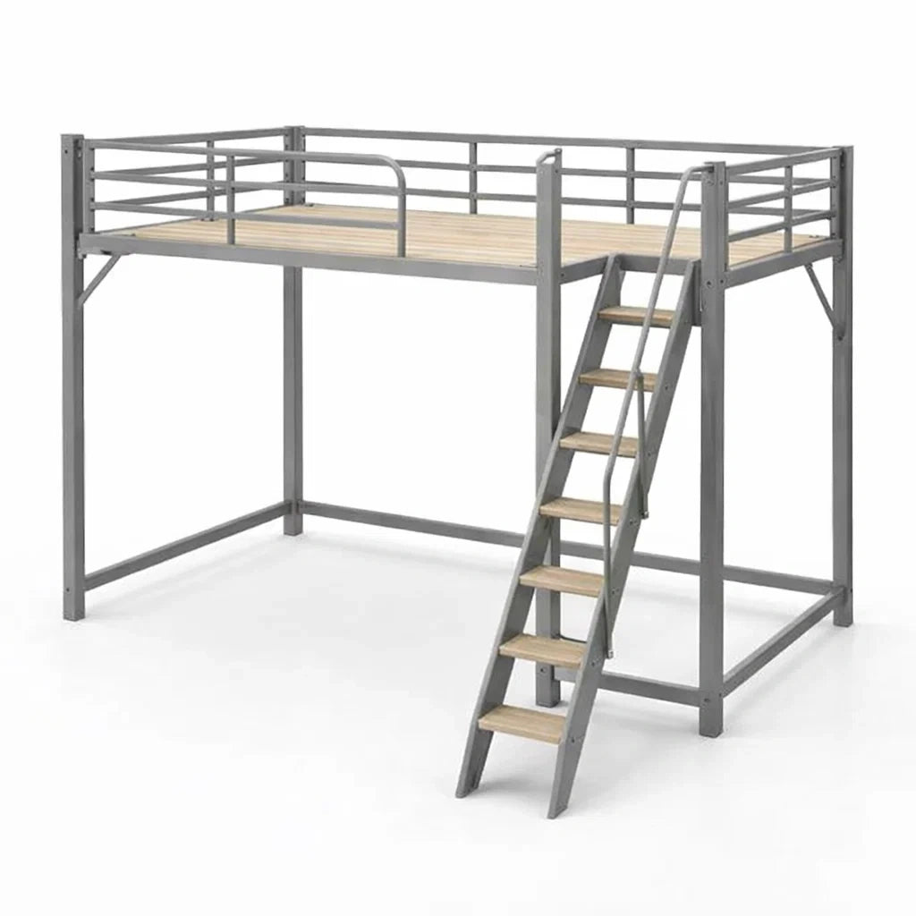 Lit mezzanine en acier gris avec plateforme en bois - 2026