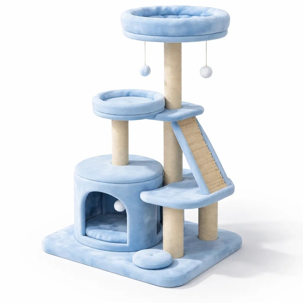 Arbre à chat bleu avec sisal et plateformes en tissu - 2026