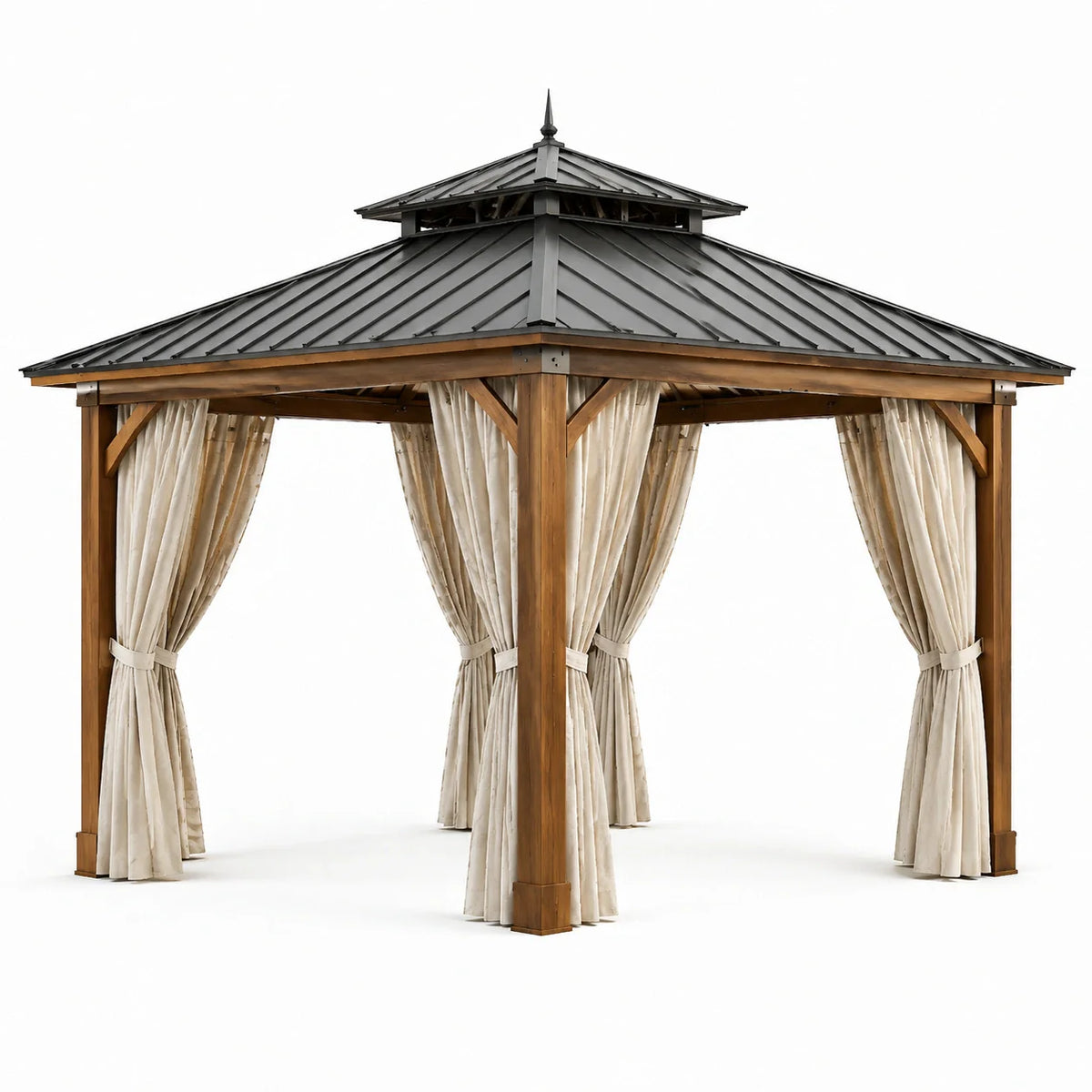 Pavillon de jardin en bois et acier avec rideaux en polyester 3x4 m - 2026