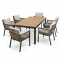Ensemble de jardin 6 chaises aluminium et corde, plateau en aluminium aspect bois naturel - 2026