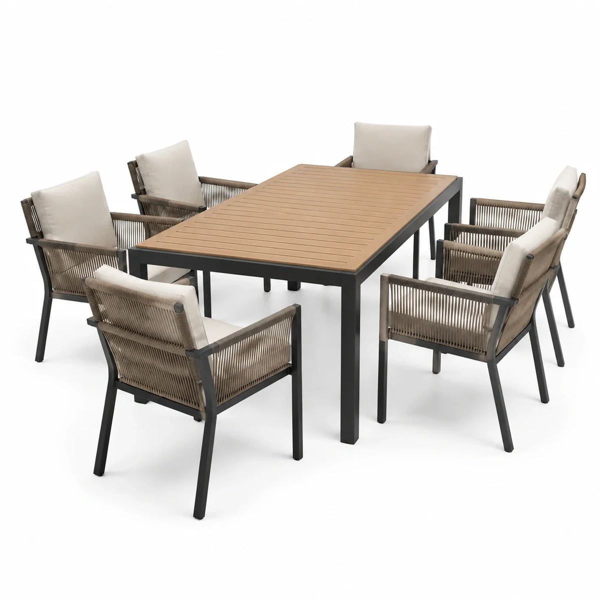 Ensemble de jardin 6 chaises aluminium et corde, plateau en aluminium aspect bois naturel - 2026