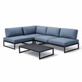 Salon de jardin modulable en acier et tissu bleu avec table basse - 2026