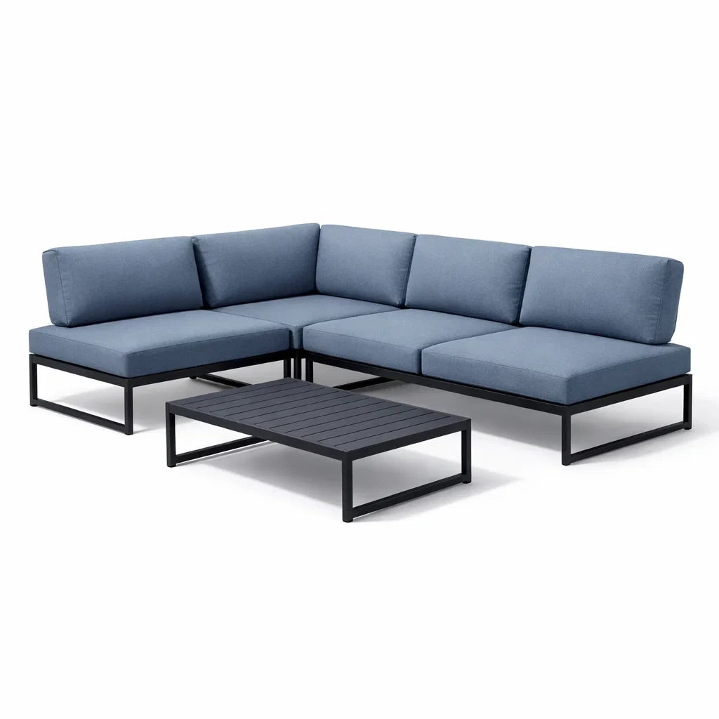 Salon de jardin modulable en acier et tissu bleu avec table basse - 2026