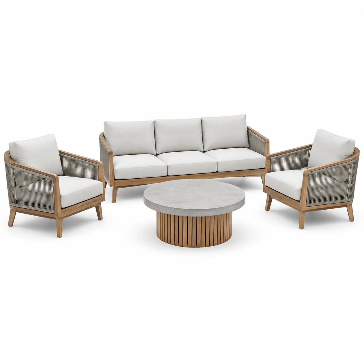 Ensemble de mobilier extérieur en bois et corde avec table en résine grise - 2026
