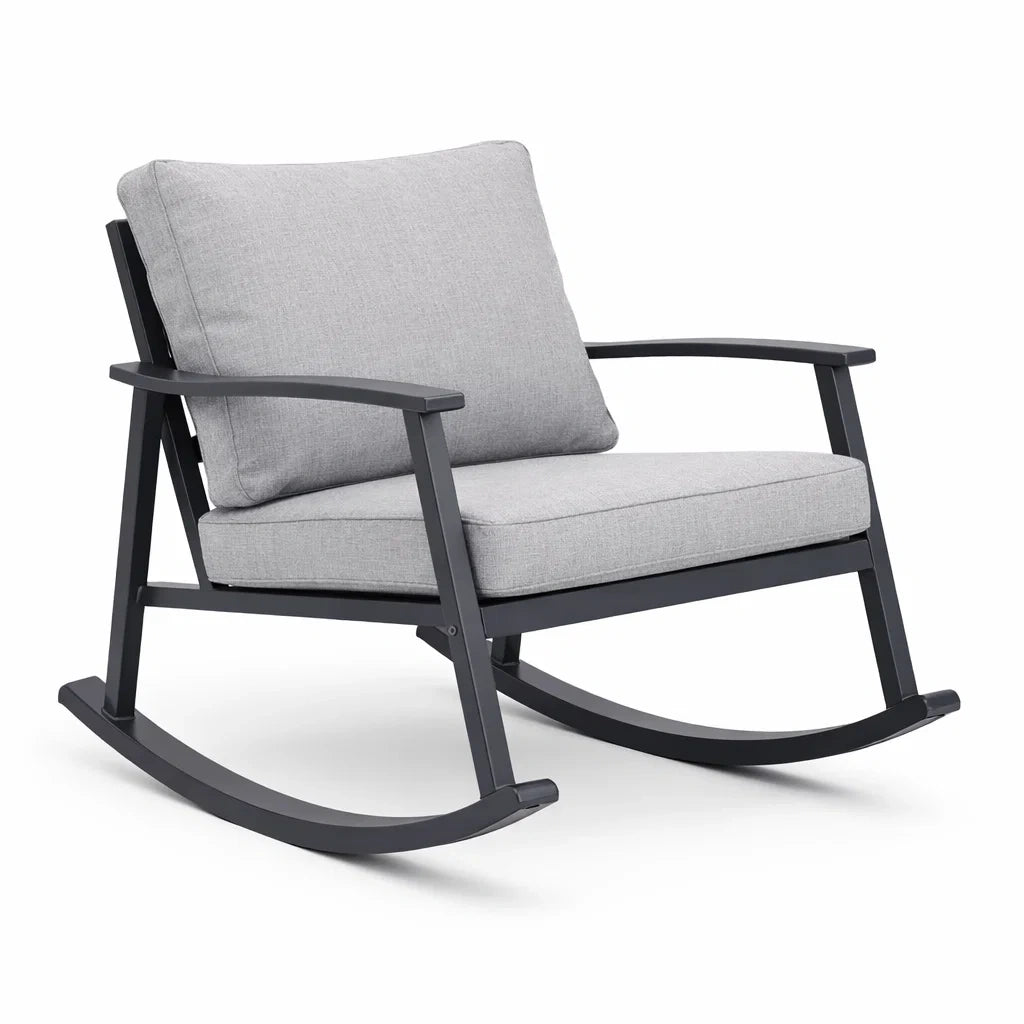 Fauteuil à bascule de terrasse en aluminium gris avec coussins en polyester - 2026