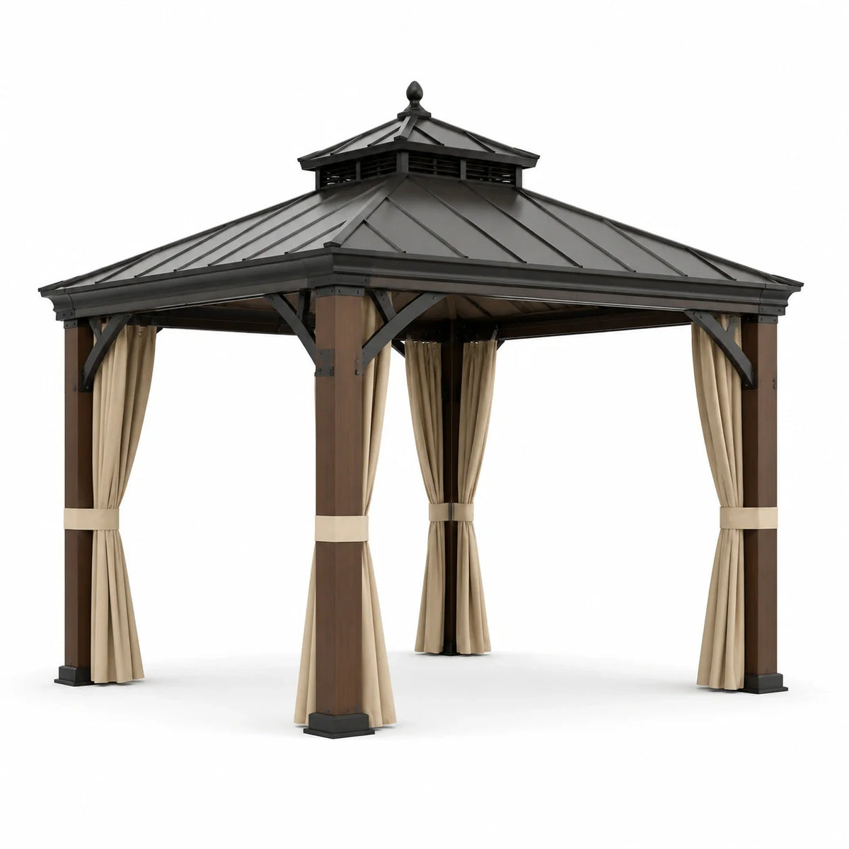 Pavillon de jardin en aluminium et métal avec rideaux polyester marron et beige - 2026
