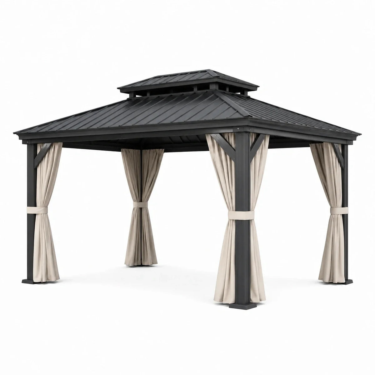 Pavillon de jardin en aluminium avec toit en acier et rideaux beige - 2026
