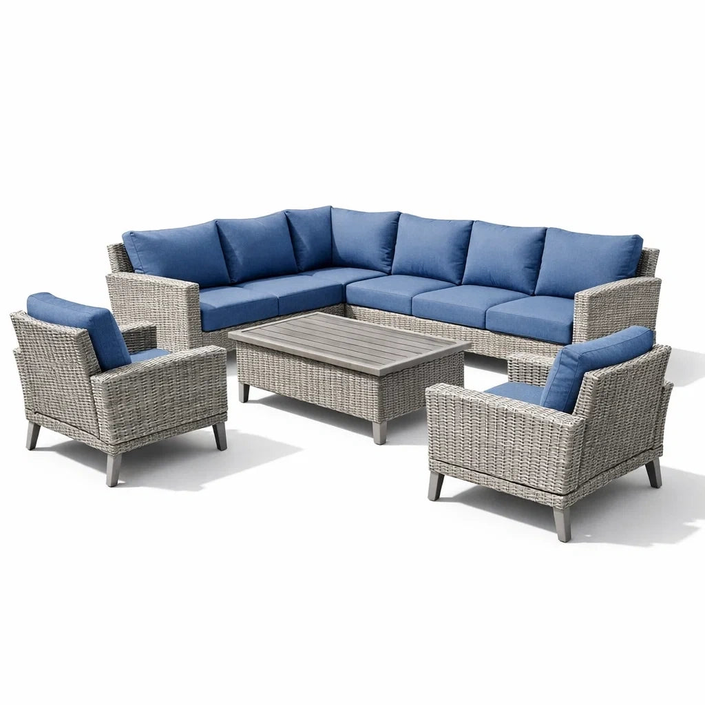 Salon de jardin en rotin synthétique gris et bleu avec table rectangulaire - 2026