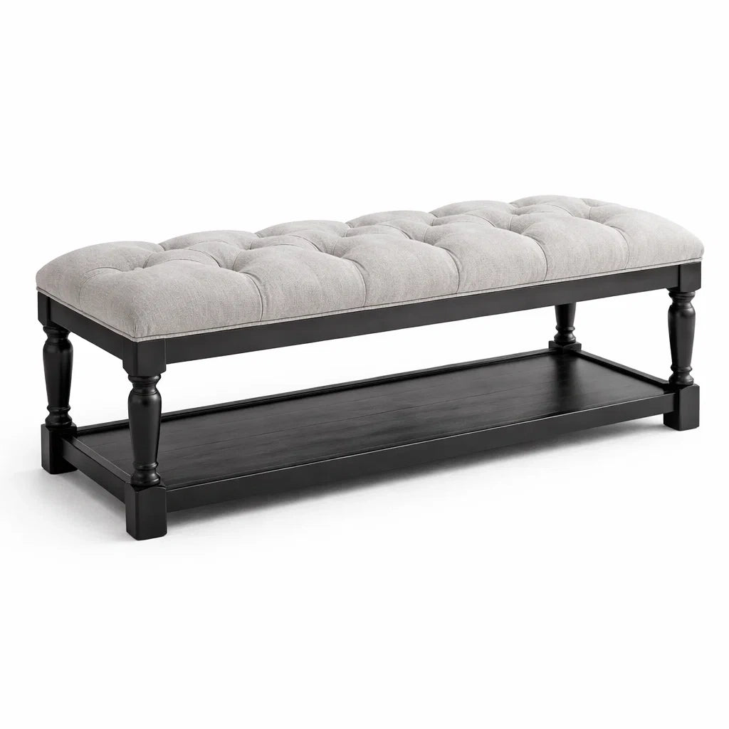 Banc à chaussures en bois avec assise en tissu polyester gris et étagère noire - 2026