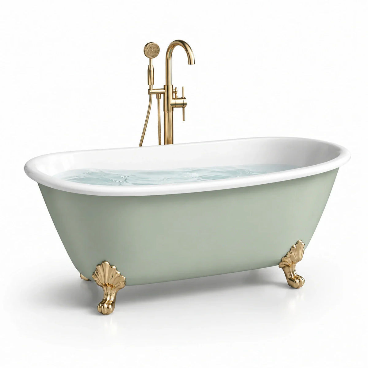 Baignoire îlot acrylique vert pastel avec pieds dorés et robinet - 2026