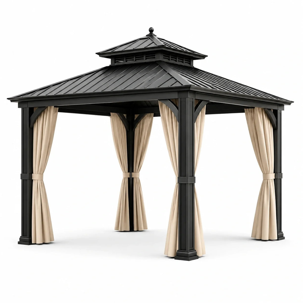 Tonnelle de jardin en métal noir avec rideaux beiges et double toit, 300 × 300 × 310 cm - 2026
