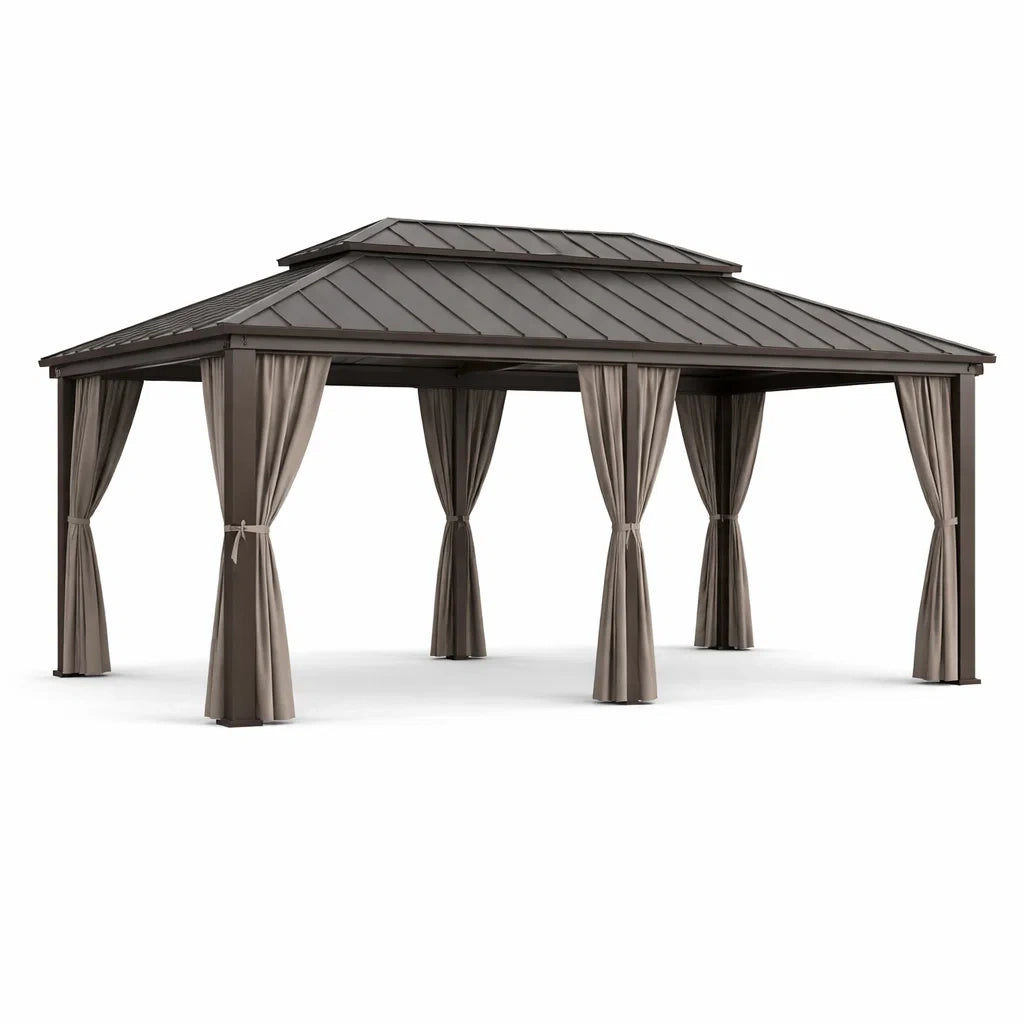 Pavillon en aluminium et acier avec rideaux en polyester taupe - 2026