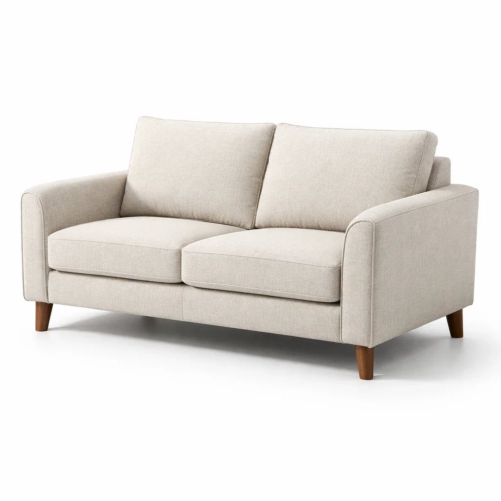 Canapé deux places en tissu beige avec pieds en bois de hêtre 150x90 cm - 2026