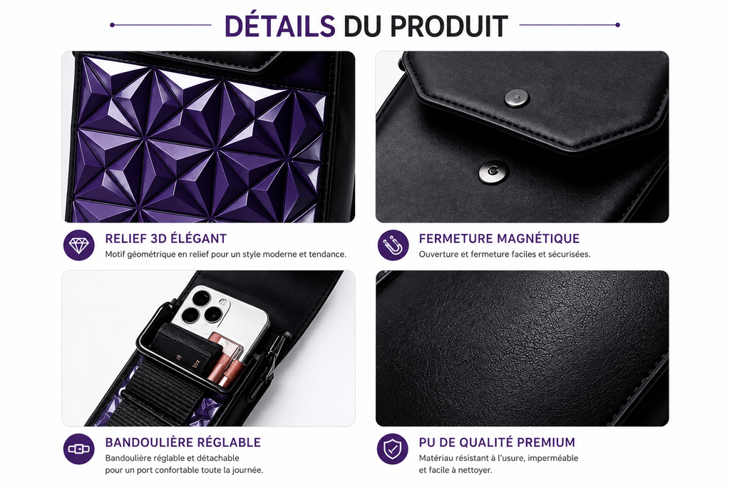 Sac Bandoulière Femme 3D Géométrique – Pochette Téléphone Chic & Pratique, Grande Capacité, Bandoulière Réglable, Similicuir Premium Violet & Noir