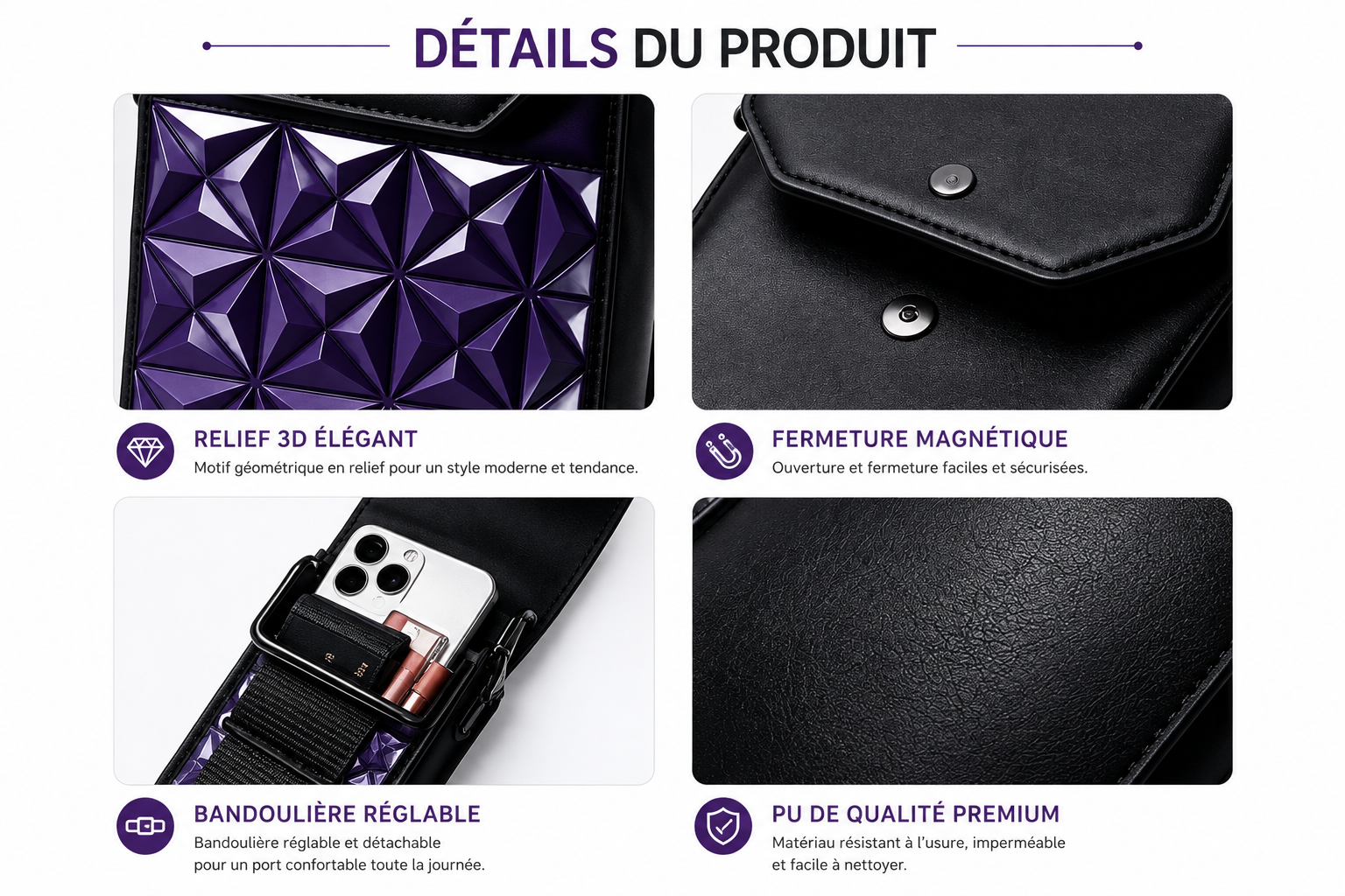 Sac Bandoulière Femme 3D Géométrique – Pochette Téléphone Chic & Pratique, Grande Capacité, Bandoulière Réglable, Similicuir Premium Violet & Noir
