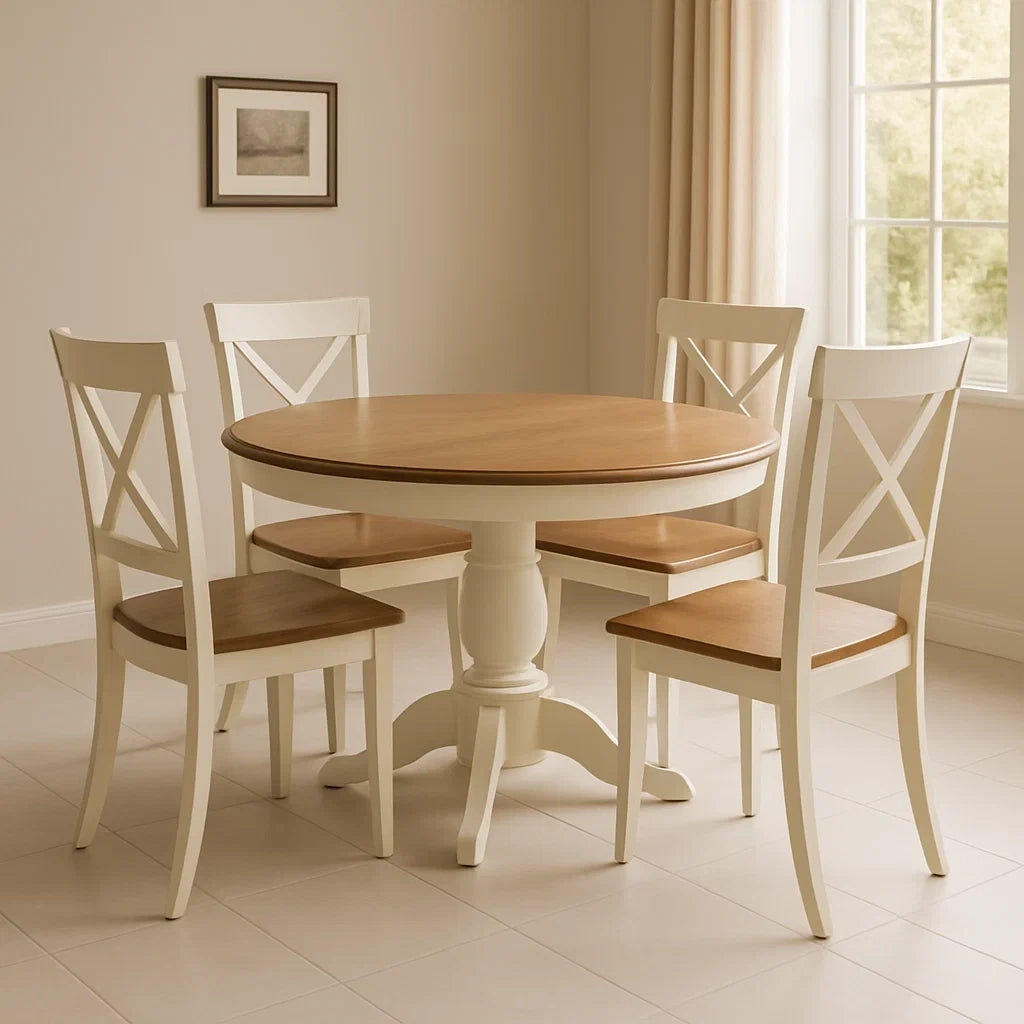 Ensembles de salle à manger de 5 pièces table ronde à manger en bois clair avec 4 chaises blanches - 2026