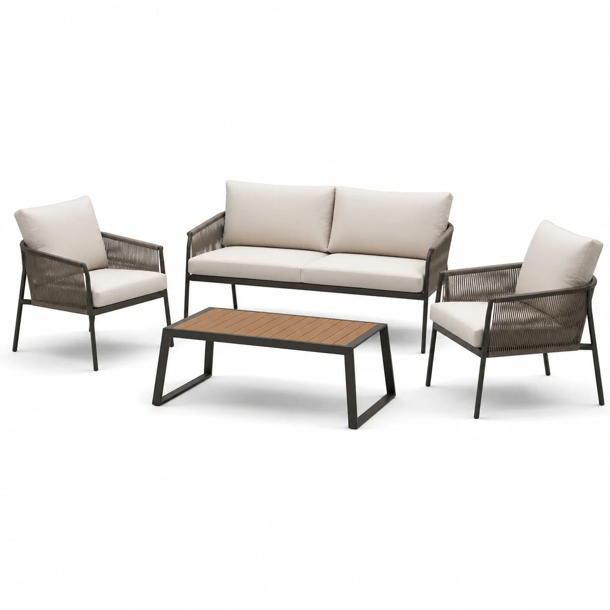 Ensemble de meubles d'extérieur en métal et bois avec coussins en polyester beige - 2026