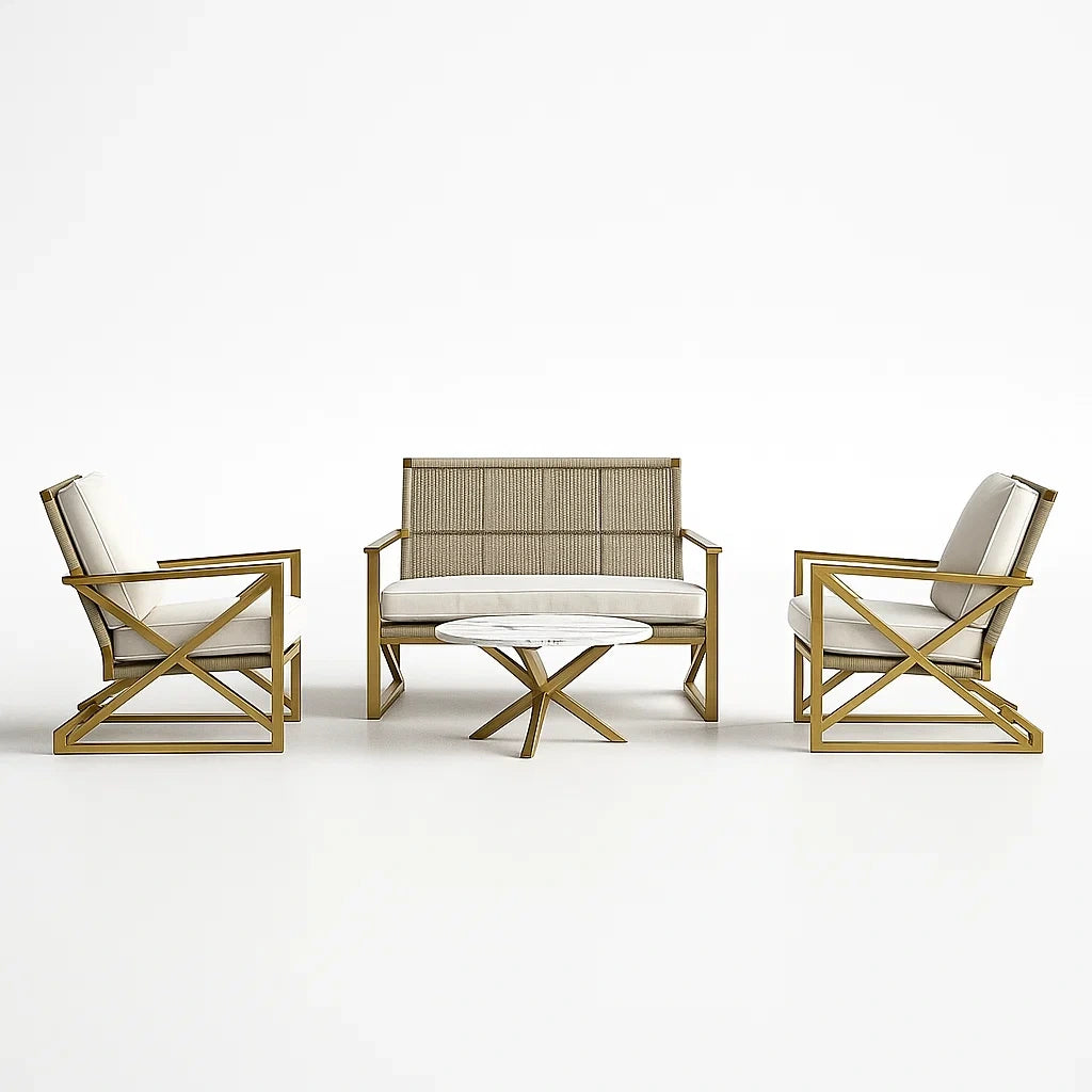 Salon de jardin en aluminium beige avec table en verre et coussins en polyester - 2026