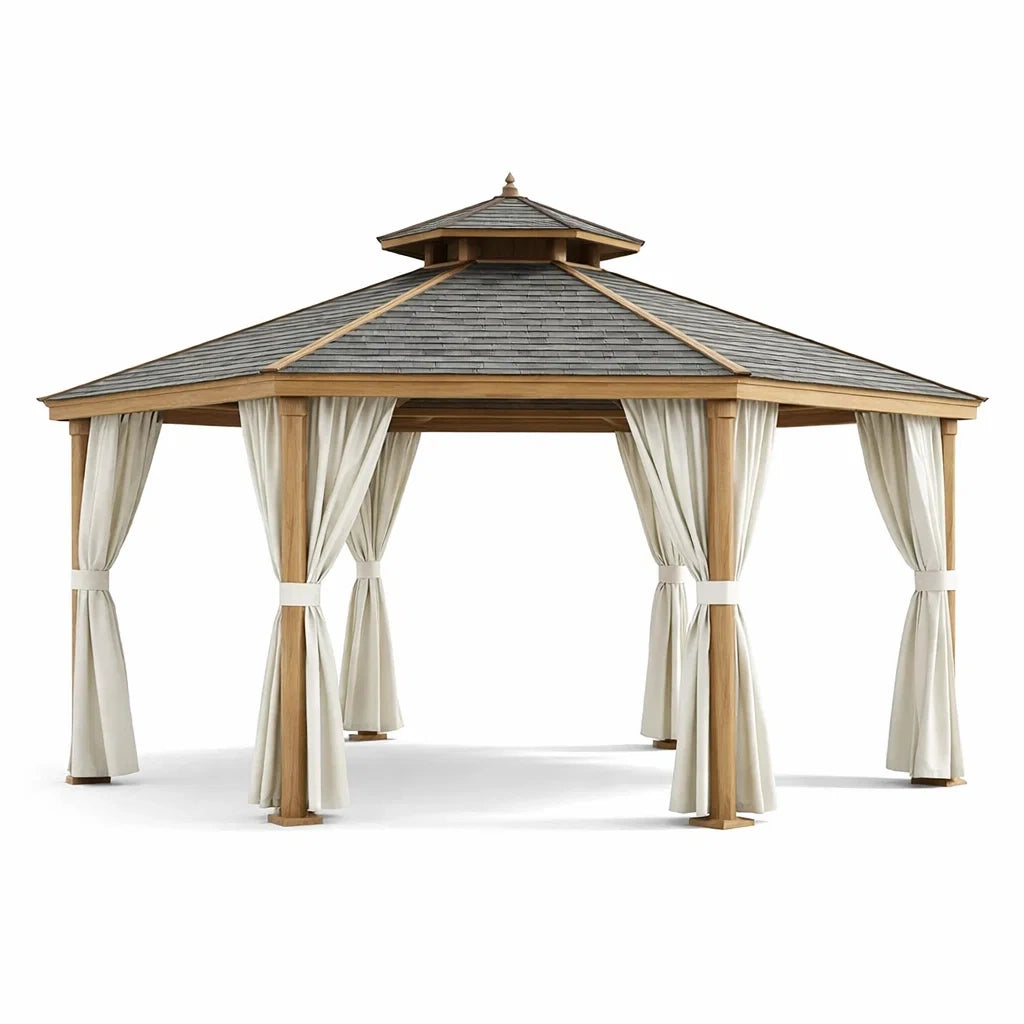 Pavillon en bois avec toit en tuiles d asphalte et rideaux en polyester - 2026