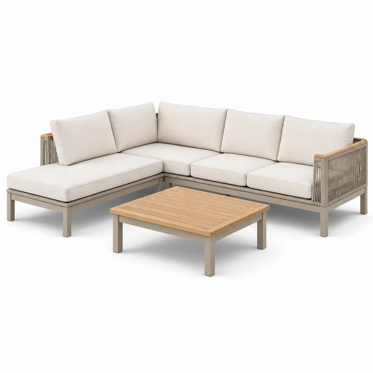 Ensemble canapé d'angle extérieur aluminium et corde avec table basse en teck beige - 2026