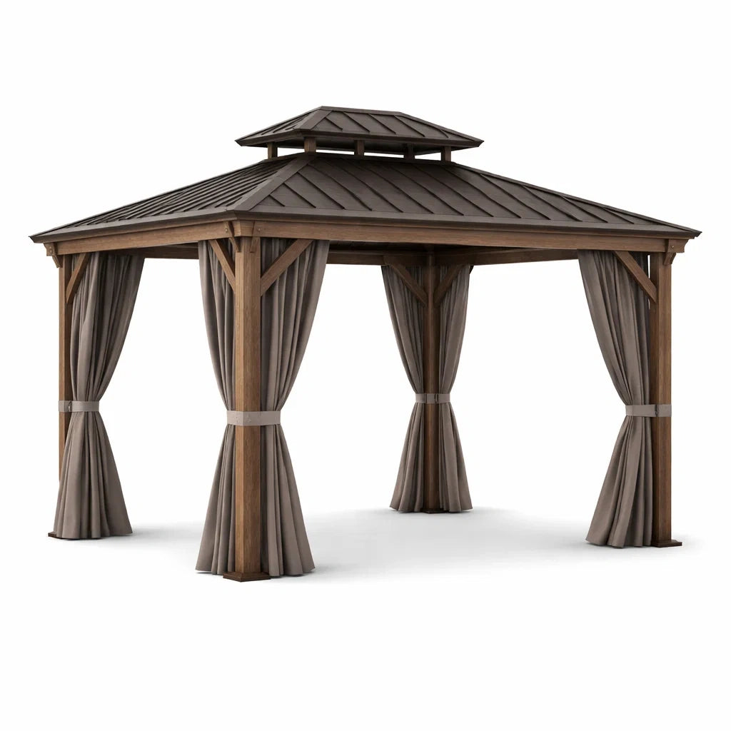 Pavillon de jardin en bois avec toit en acier et rideaux en polyester brun gris - 2026