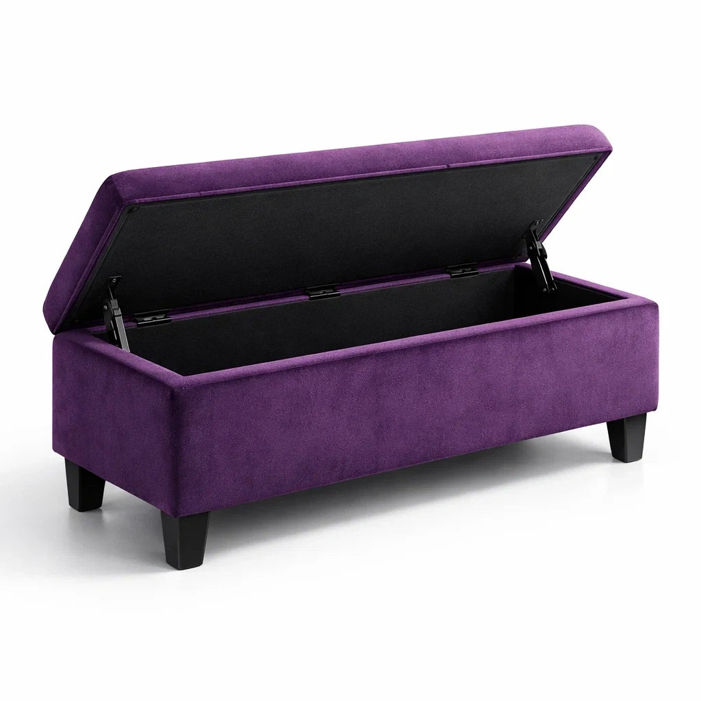 Banc de rangement en polyester violet avec pieds en bois - 2026