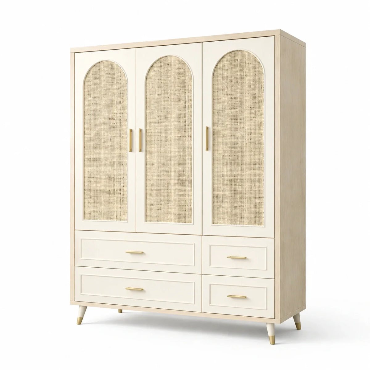 Armoire en bois de hêtre et rotin avec poignées dorées - 2026