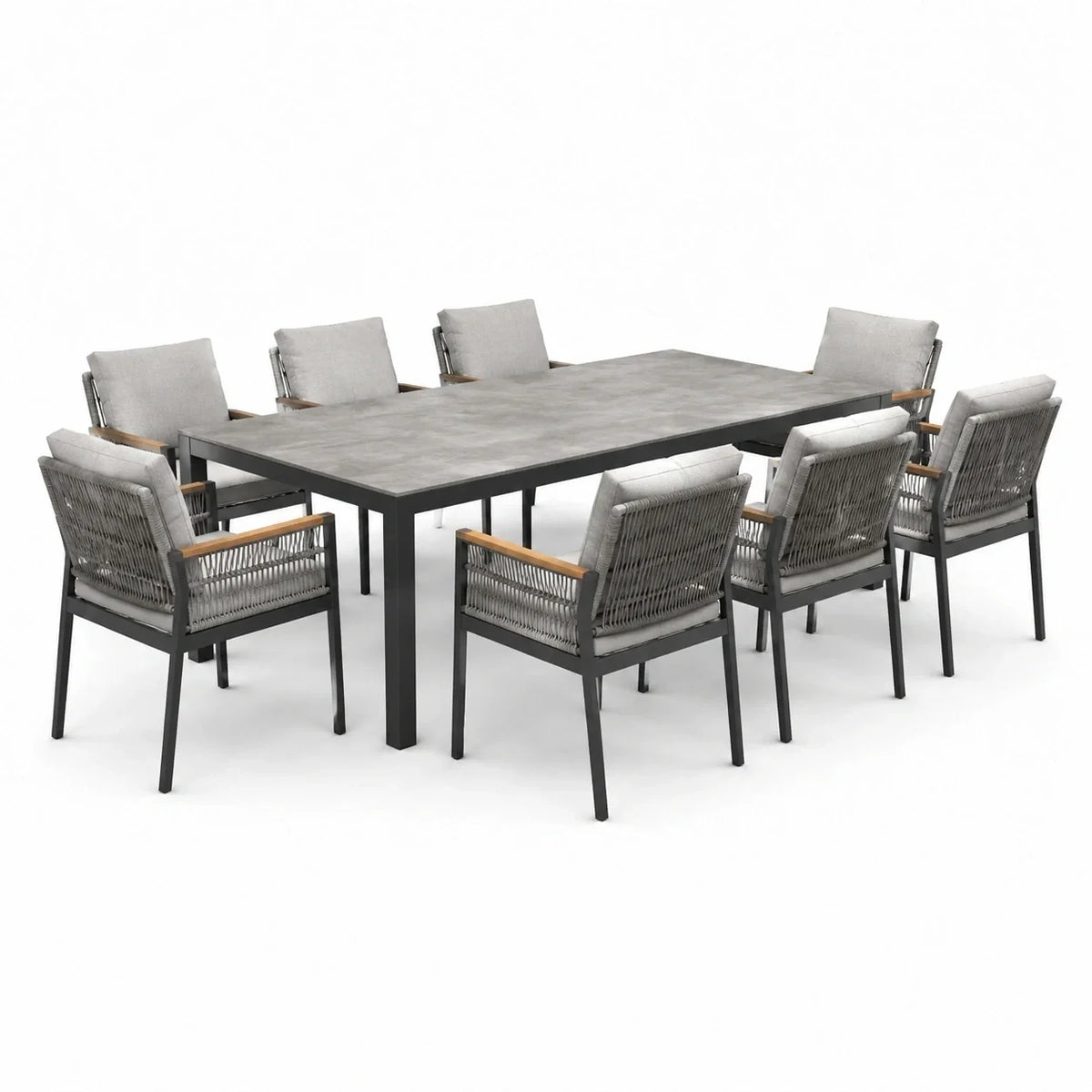Ensemble repas de jardin 9 pièces avec table de 200 × 100 × 75 cm et 8 fauteuils, gris, anthracite et bois naturel - 2026
