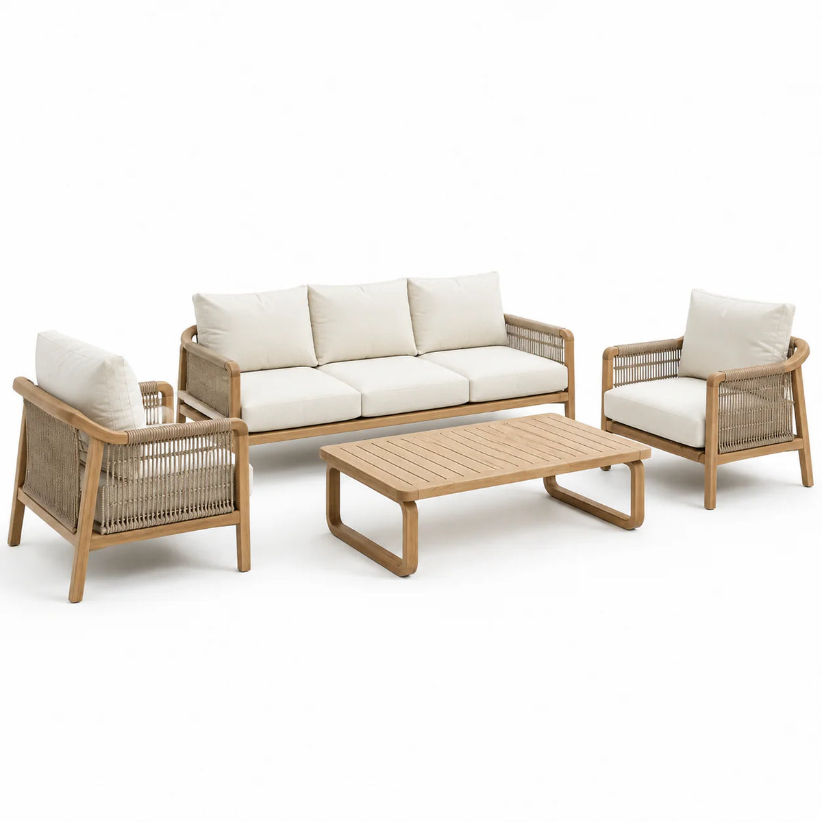 Ensemble de salon de jardin en bois et corde crème 4 pièces - 2026