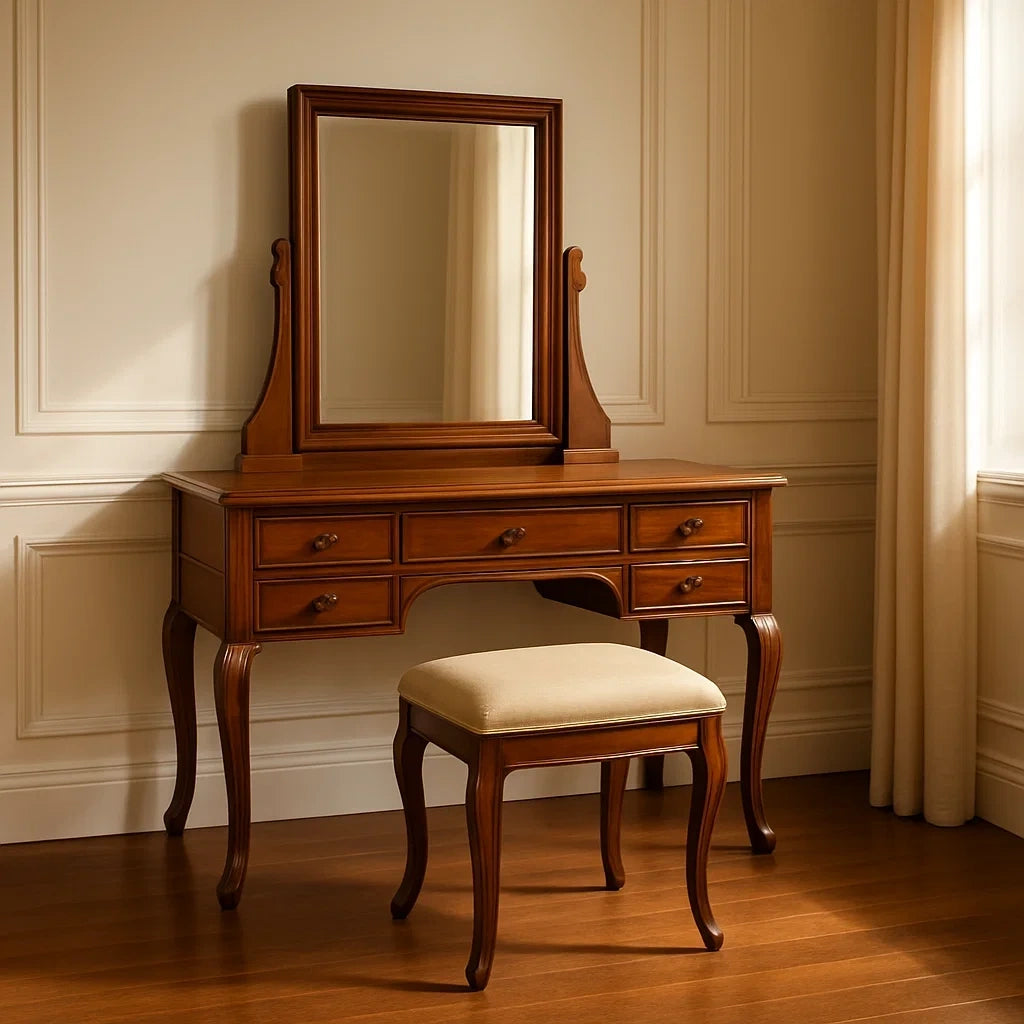 Coiffeuses coiffeuse avec miroir en bois massif brun avec tabouret inclus - 2026