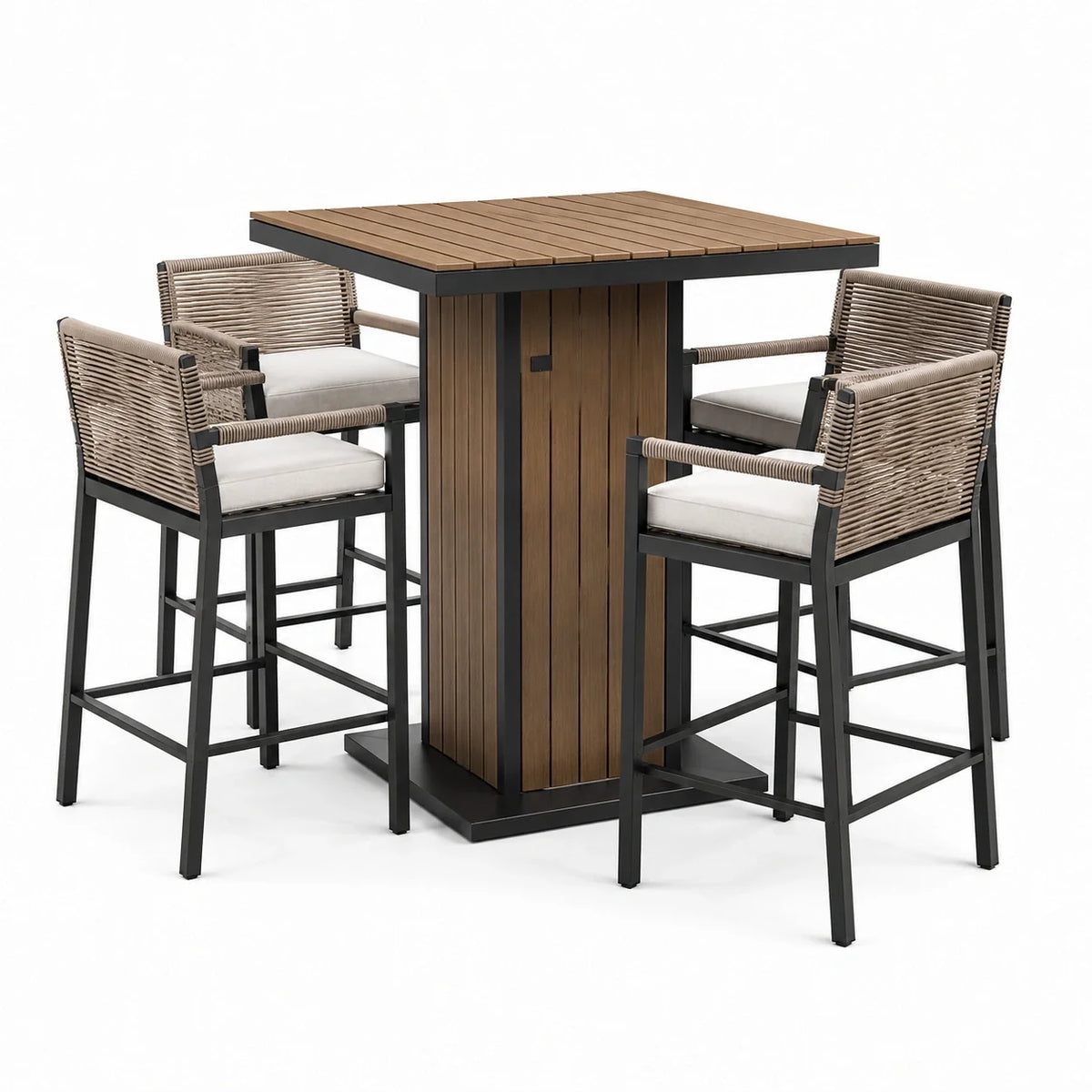 Ensemble bar de jardin 5 pièces noir, brun et beige – table haute 100 × 100 × 105 cm et 4 fauteuils 58 × 57 × 106 cm - 2026