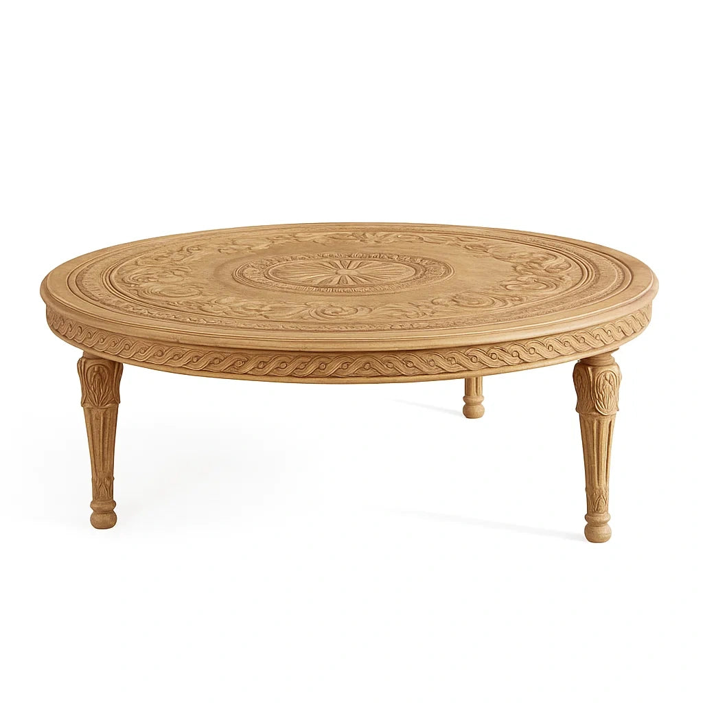 Table basse ronde en bois massif sculpté - 2026