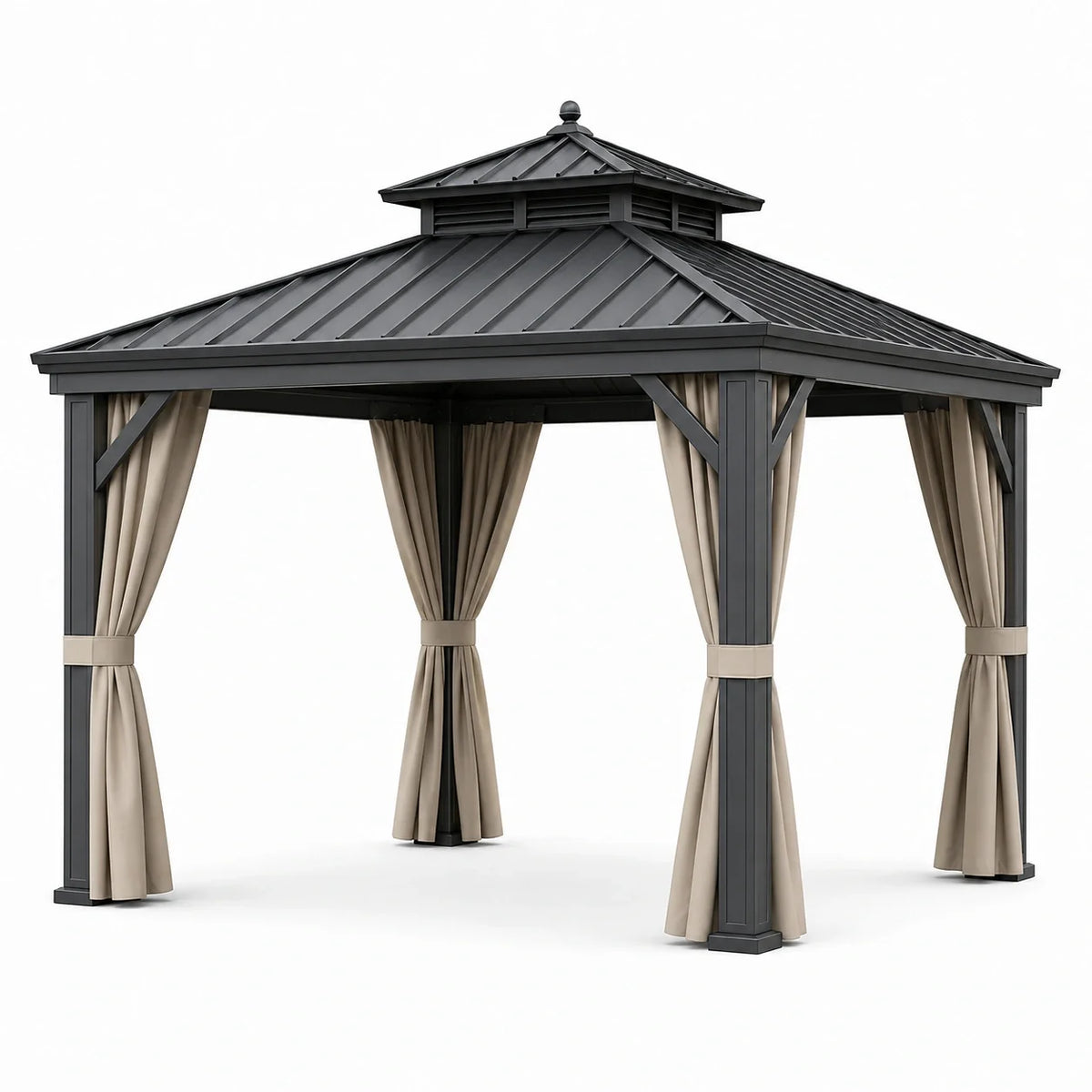 Pavillon de jardin en métal anthracite avec rideaux beiges et toit rigide ventilé, 365 × 300 × 290 cm - 2026