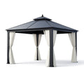 Pavillon en aluminium avec toit en acier noir et rideaux blanc cassé - 2026